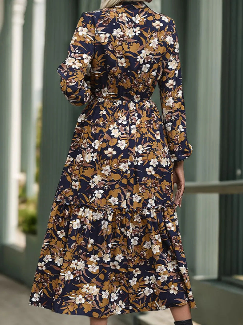 Printed Notched Long Sleeve Midi Dress with Tie