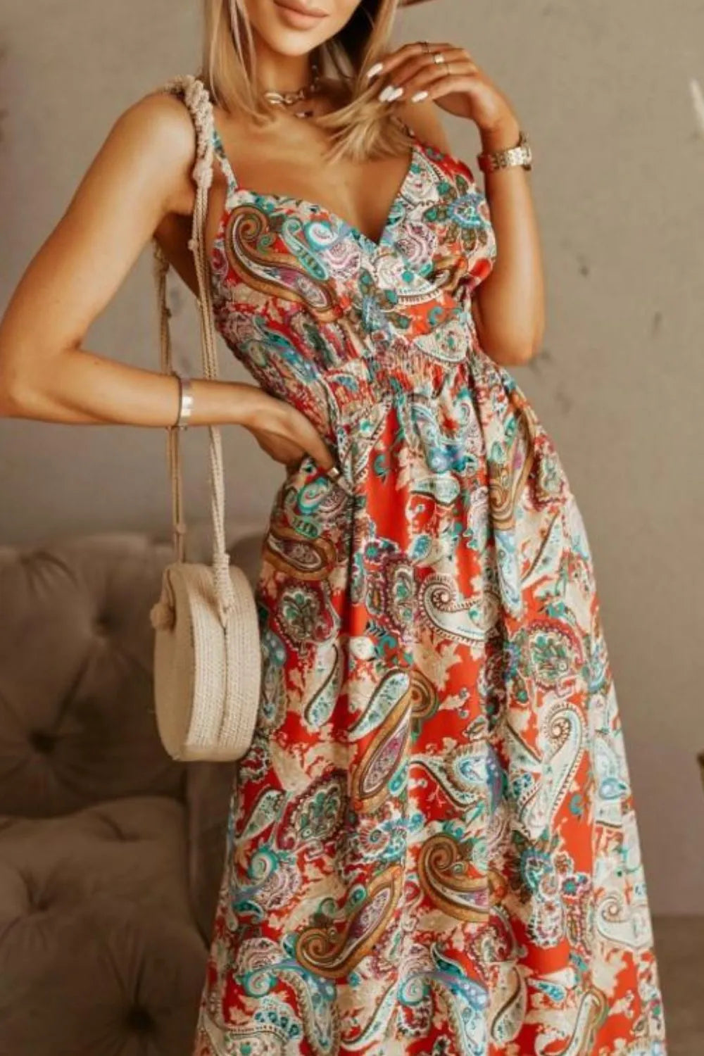 Printed Smocked Ruched Spaghetti Strap Maxi Dress in Red + Blue