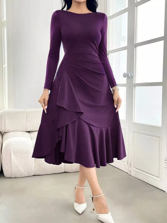 Ruffle Hem Long Sleeve Midi Dress with Slit