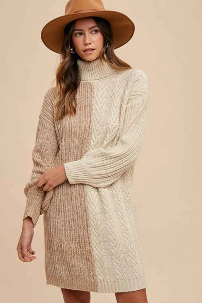 Color Block Turtleneck Sweater Dress — Livostyle