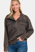 Acid Washed Half Snap Fleece Sweatshirt — Livostyle