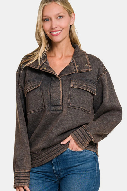 Acid Washed Half Snap Fleece Sweatshirt — Livostyle