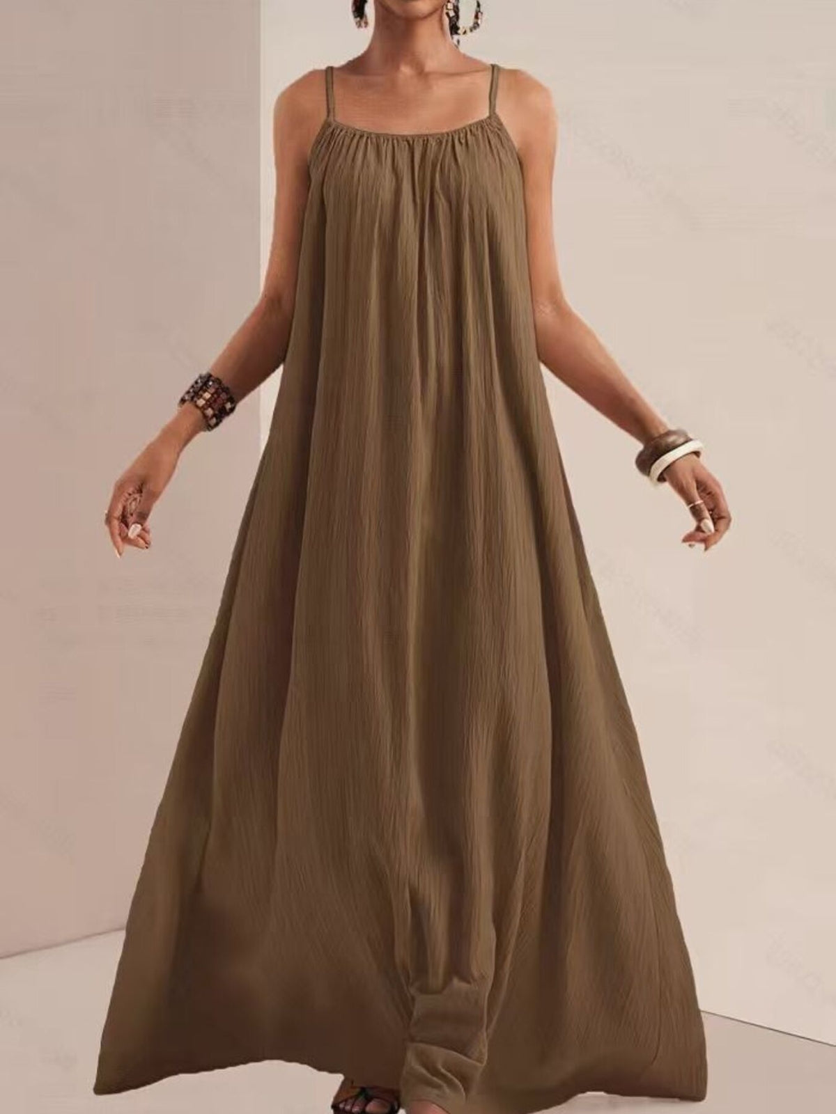 Spaghetti Strap Flowy Ruched Maxi Dress in Brown