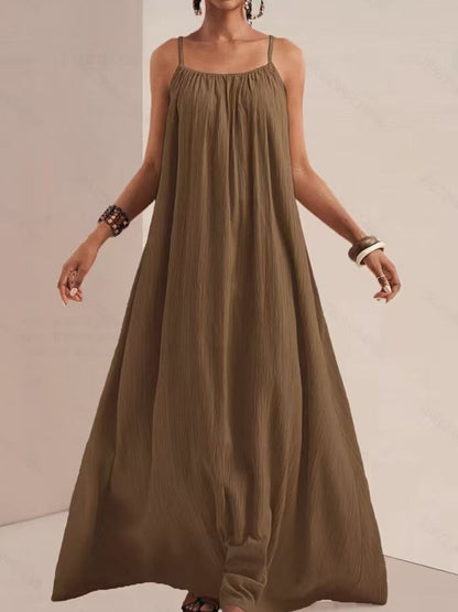 Spaghetti Strap Flowy Ruched Maxi Dress in Brown