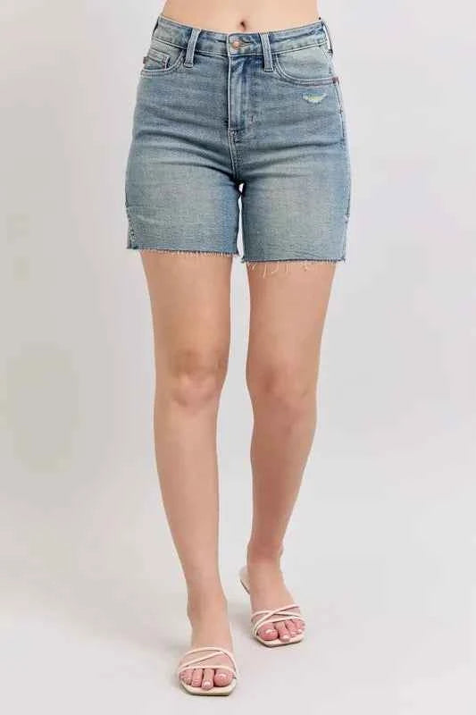 Judy Blue Full Size High Waist Vintage Wash Side Slit Denim Shorts Plus Size