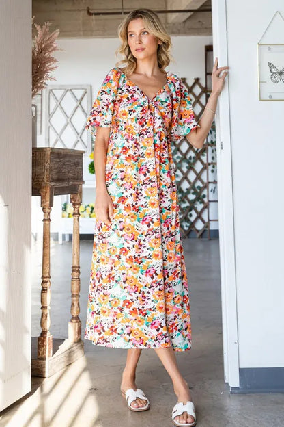 Floral Print Sweetheart Neck Tie Front Midi Dress — Livostyle