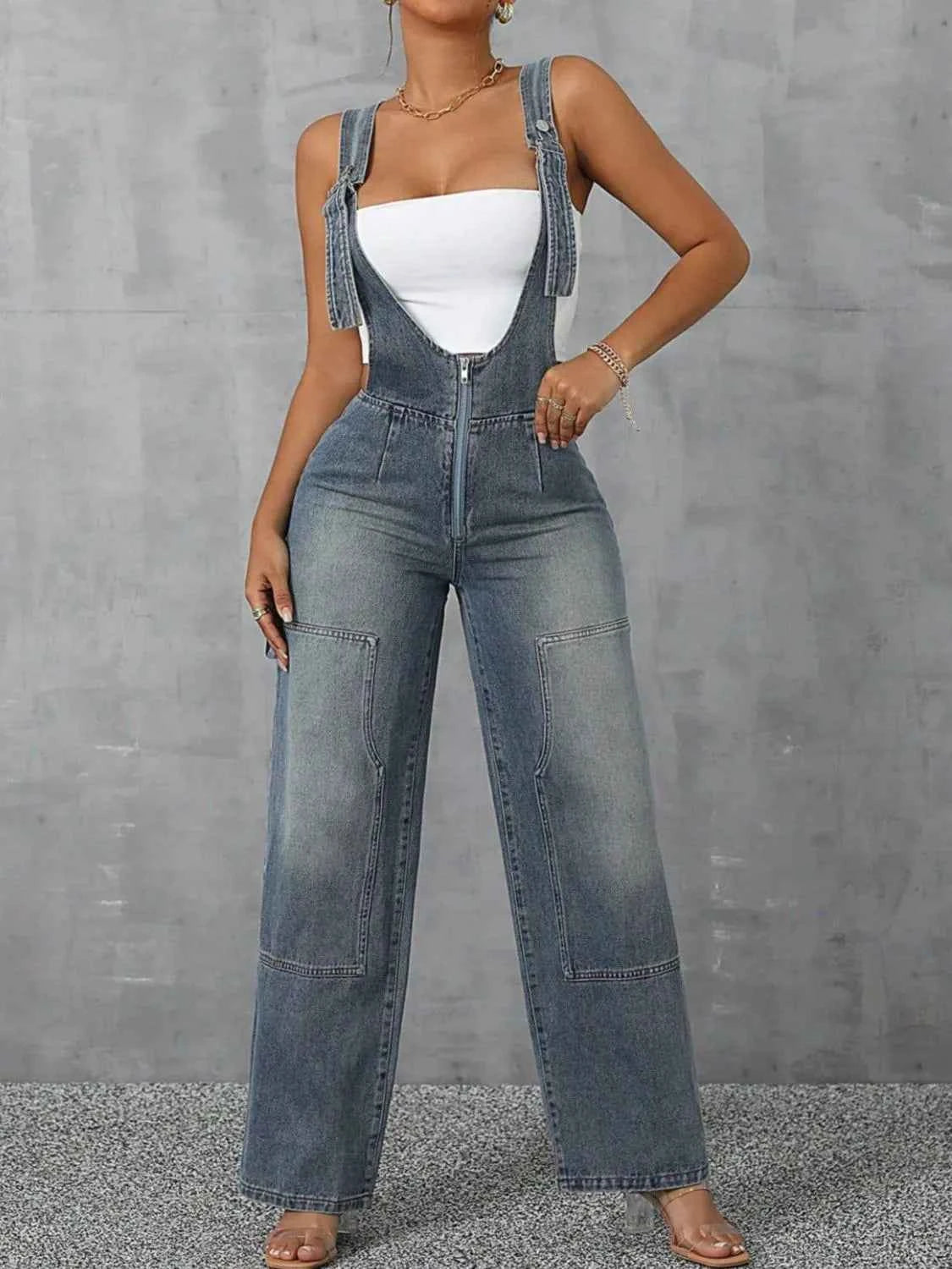Zip Front Wide Strap Denim Overalls