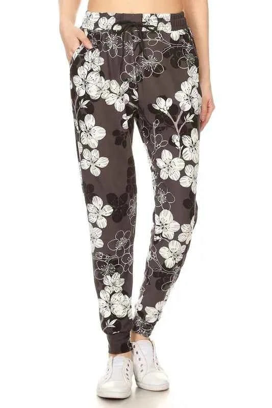 Leggings Depot Full Size Buttery Soft Floral Joggers with Drawstring Plus Size
