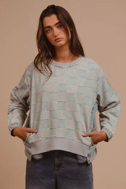 Mineral Washed Checkered Round Neck Denim Top — Livostyle
