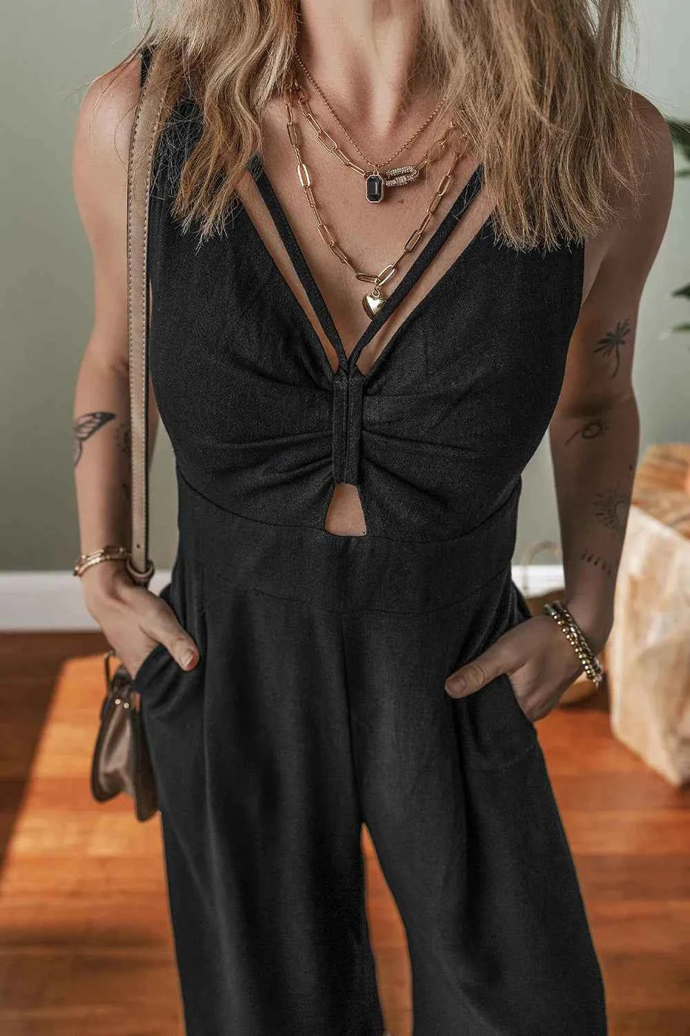 Front Cut Out Smocked Back Sleeveless Wide Leg Jumpsuit