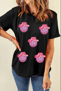 Cowboy Hat Disco Ball Patched Round Neck T-Shirt in Black