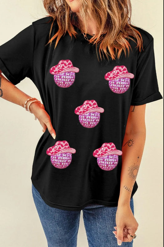 Cowboy Hat Disco Ball Patched Round Neck T-Shirt — Livostyle