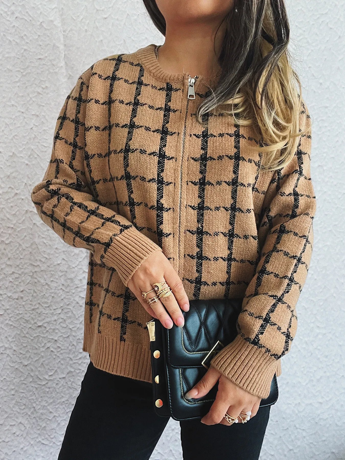 Plaid Pattern Zip Up Cardigan closeup — Livostyle