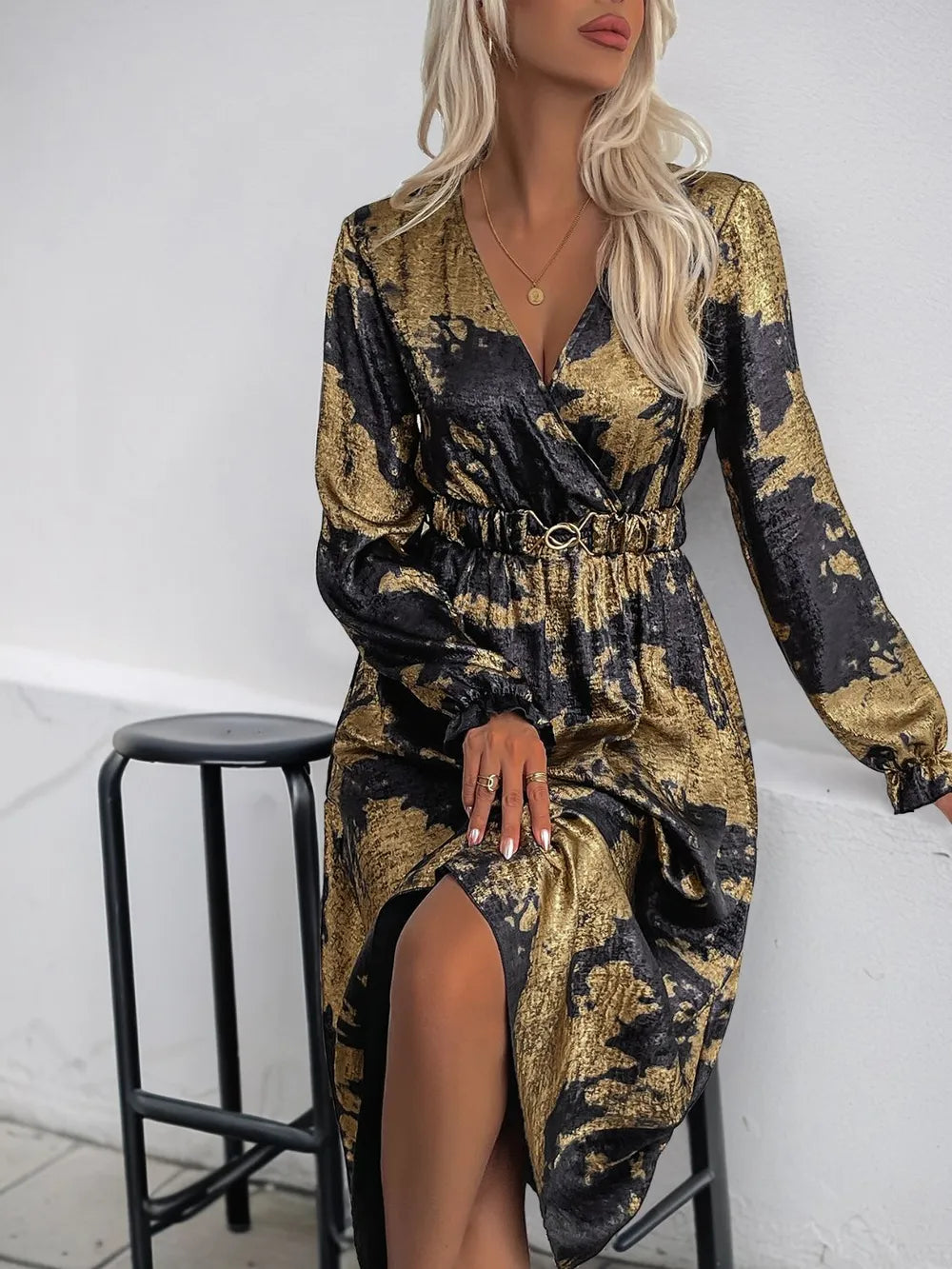 Printed Surplice Long Sleeve Midi Dress – photo 5