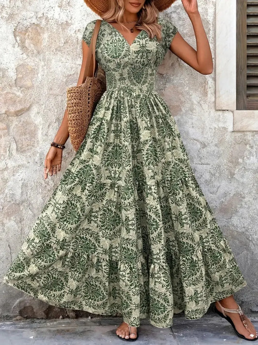 Vintage Floral Cap Sleeve Tiered Maxi Dress in Moss