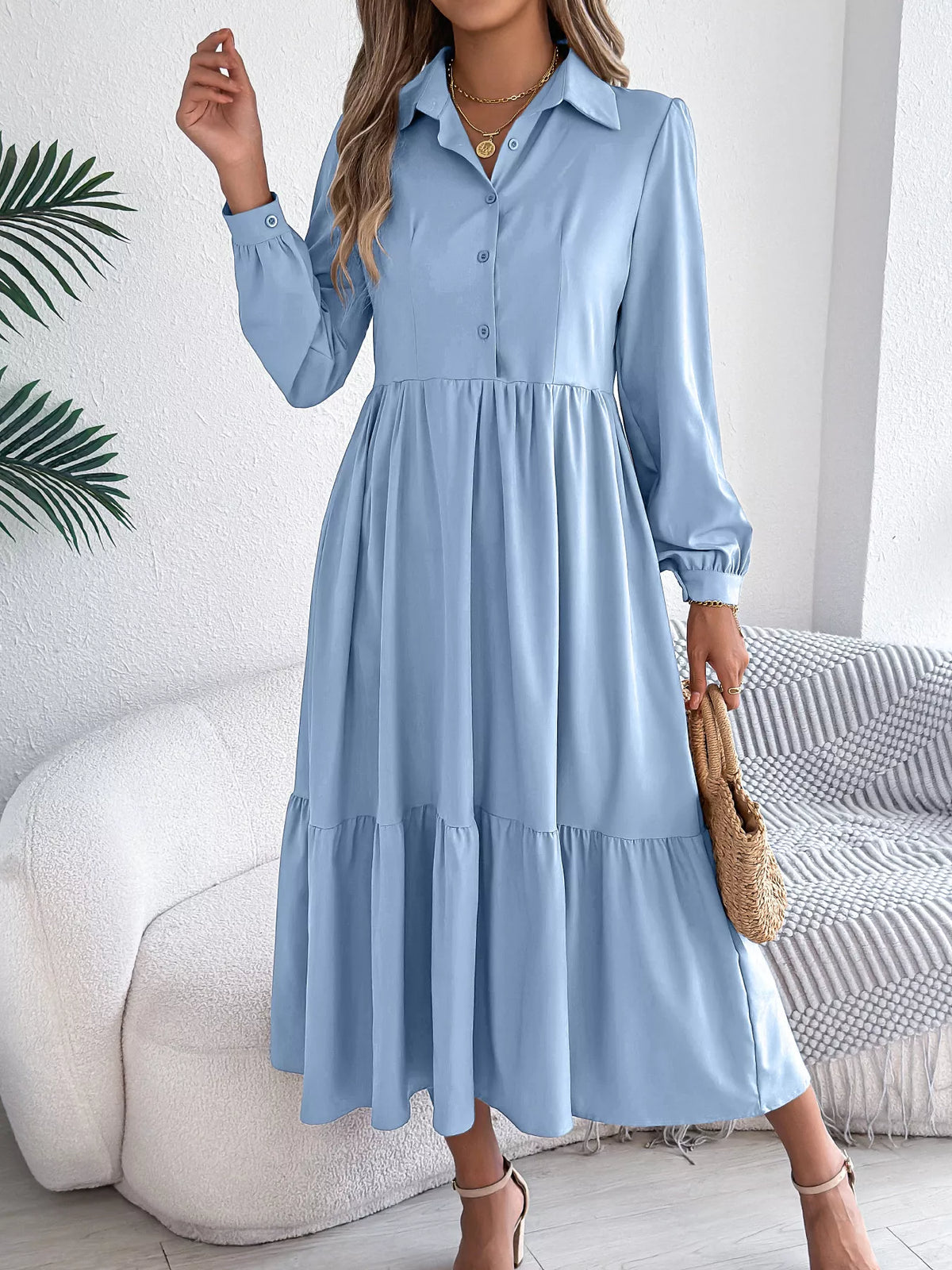 Long Sleeve Tiered Button-Front Midi Dress – photo 12