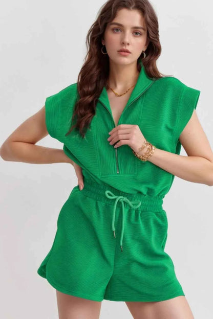 Drawstring Waist Half Zip Romper — Livostyle