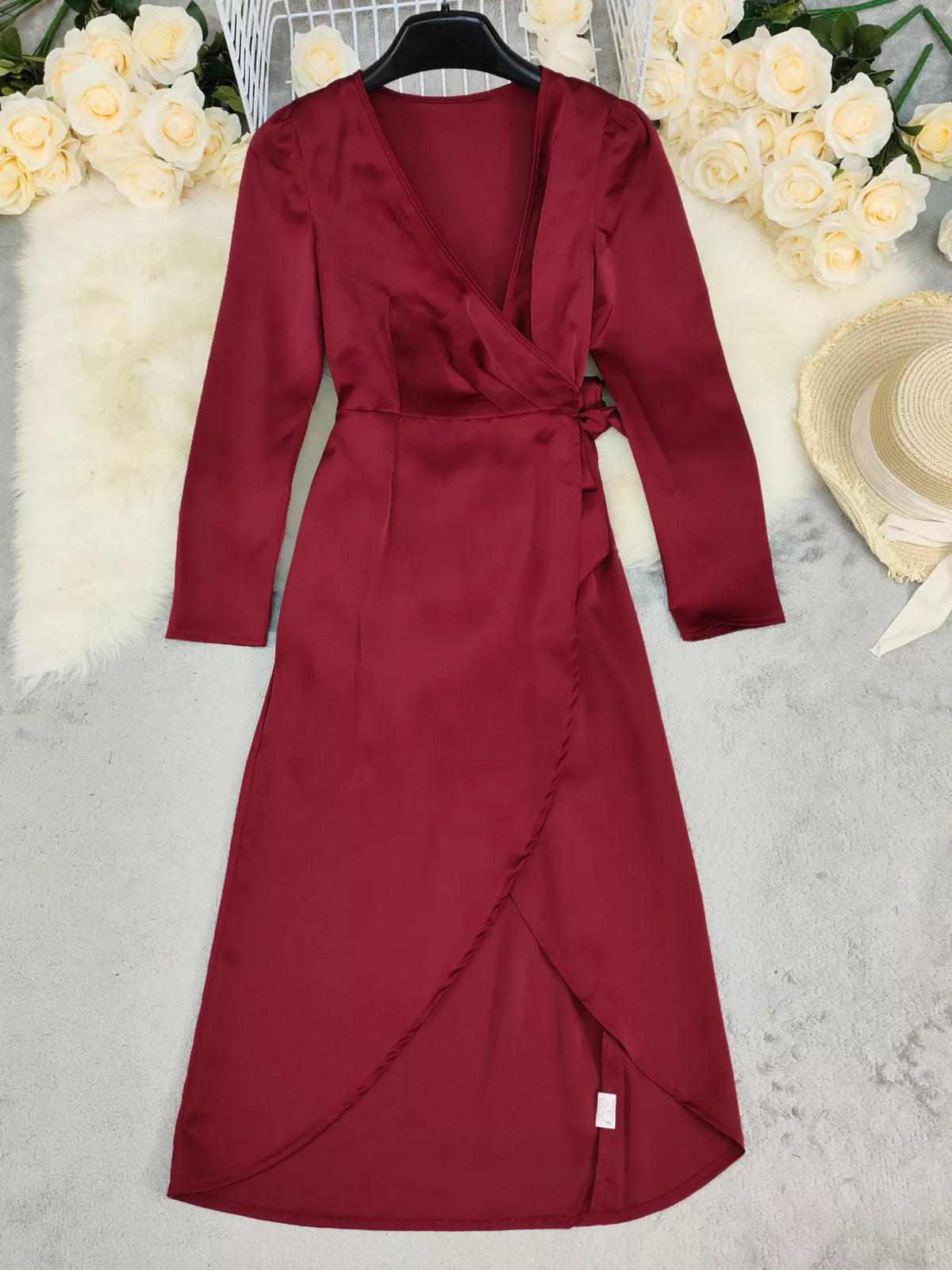 Surplice Satin Long Sleeve Dress with Belt – photo 4