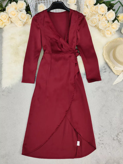 Surplice Satin Long Sleeve Dress with Belt – photo 4