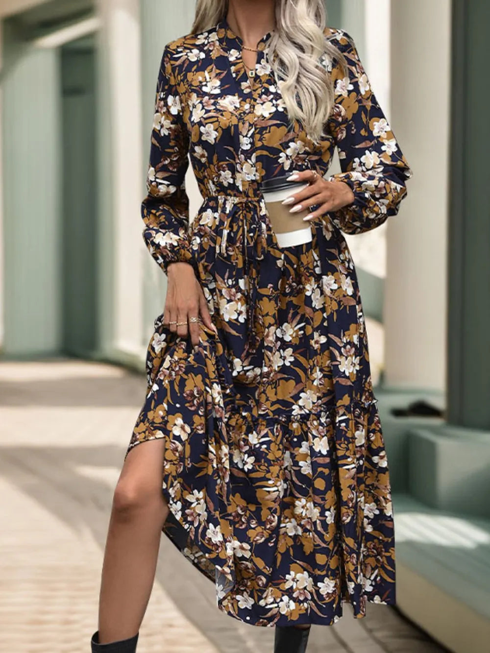 Printed Notched Long Sleeve Midi Dress with Tie – photo 2