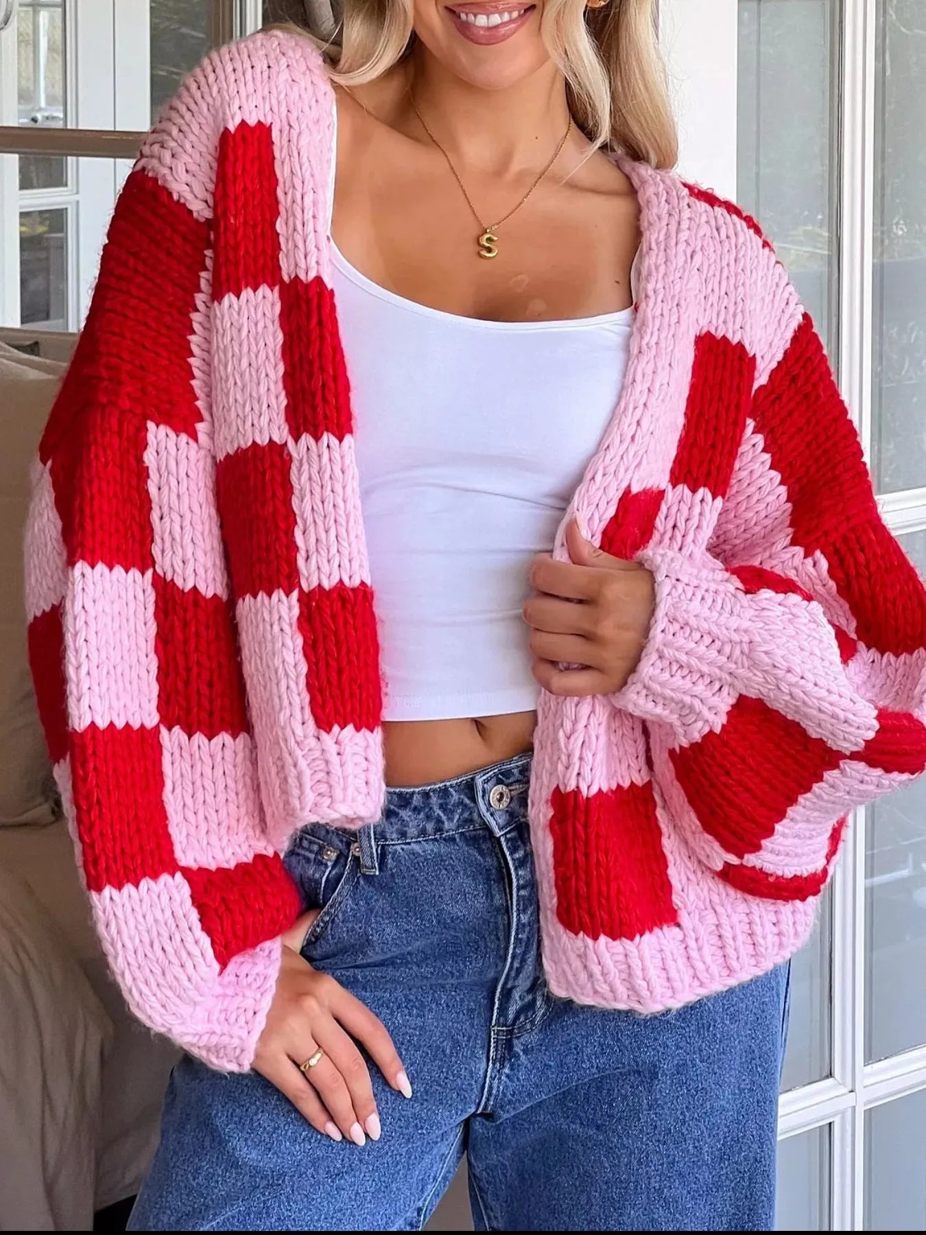 Checkered Open Front Long Sleeve Cardigan — Livostyle