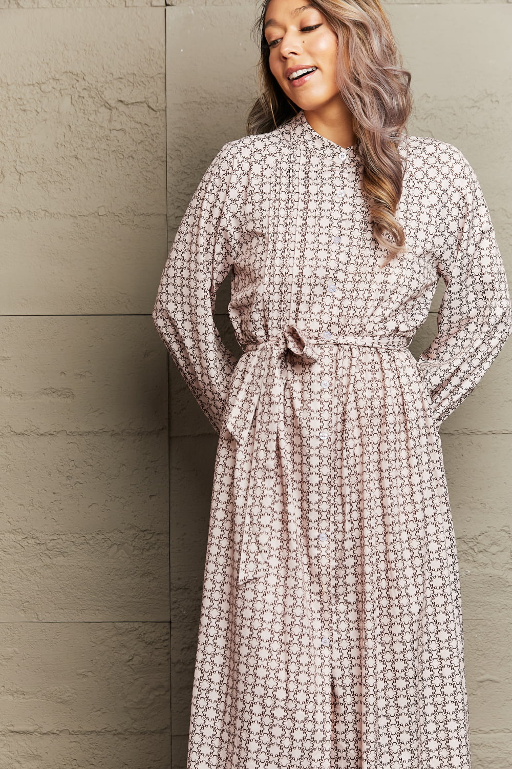 Printed Tie Waist Long Sleeve Midi Dress – photo 3