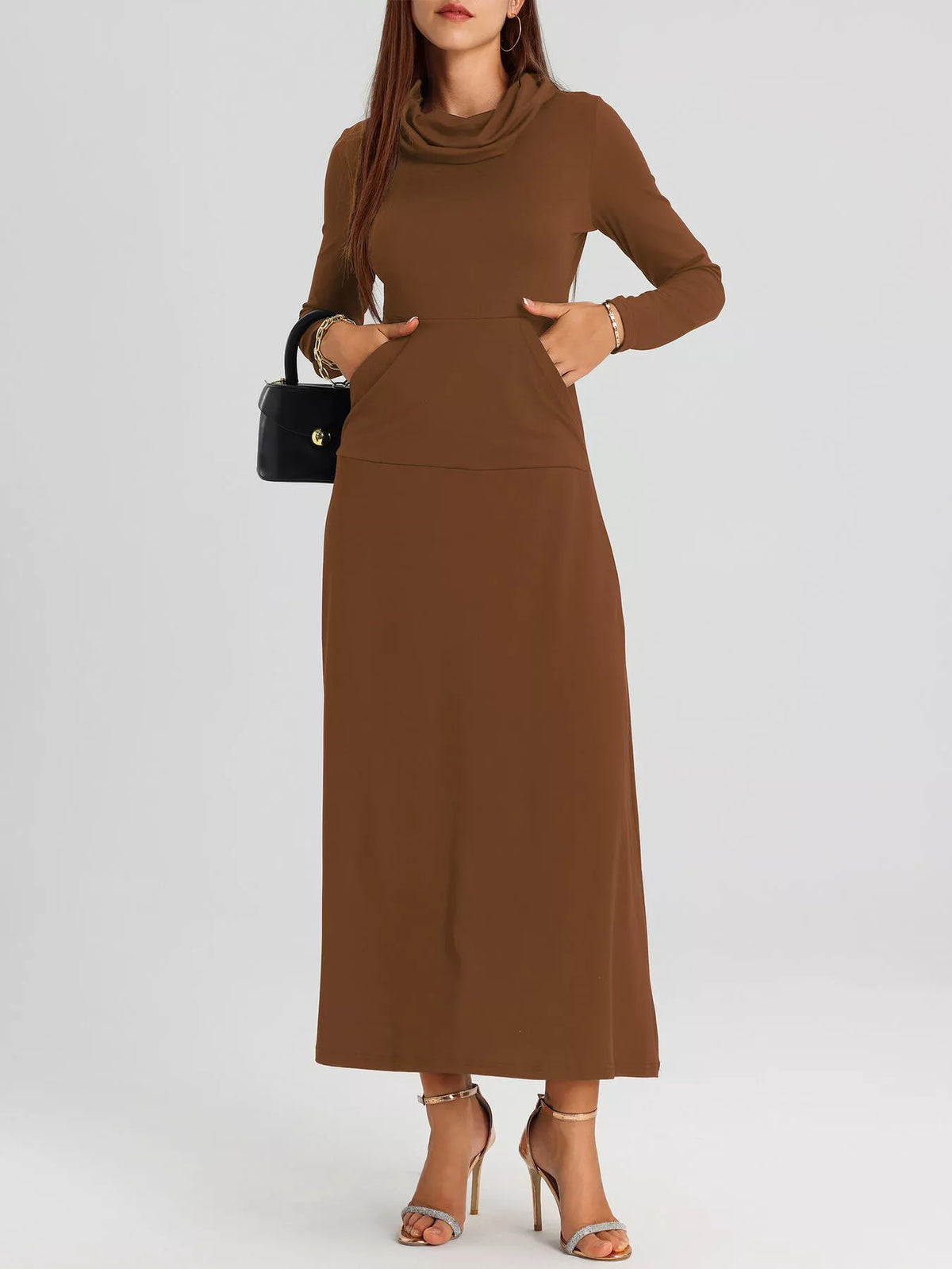 Cowl Neck Long Sleeve Midi Dress with Pockets – photo 10