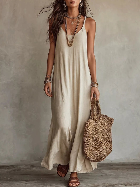 Spaghetti Strap Basic Maxi Dress in Beige