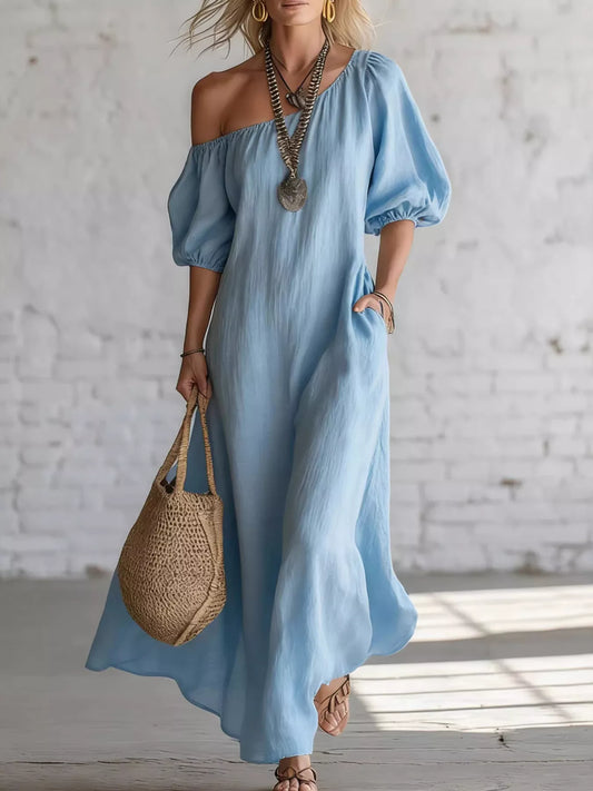 One-Shoulder Puff Sleeve Maxi Dress with Slit in Sky Blue