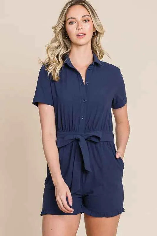 Collared Button Down Romper with Tie Belt — Livostyle