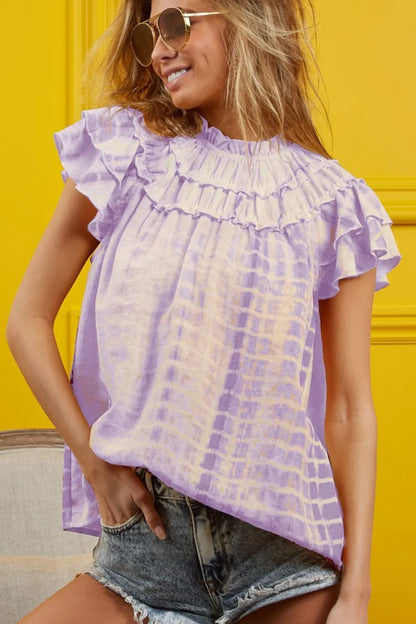 Chic Tie-Dye Top with Tiered Ruffle Neck Design — Livostyle