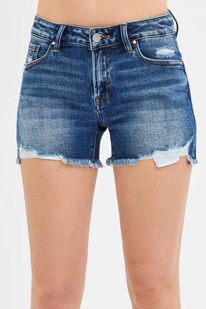 Low Rise Denim Shorts with Peekaboo Pocket Lining in Dark