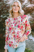 Chic Floral Print Smocked Blouse with Round Neckline — Livostyle