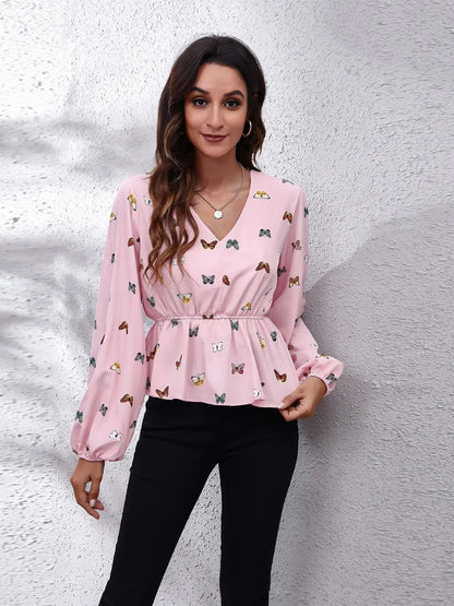 Chic Butterfly Peplum Blouse with Balloon Sleeves — Livostyle