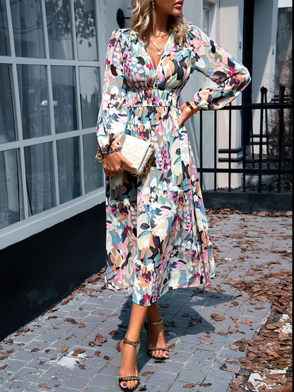 Floral Print Long Sleeve Midi Dress in White