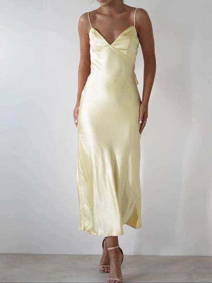 Satin Backless Cami Dress in Light Yellow