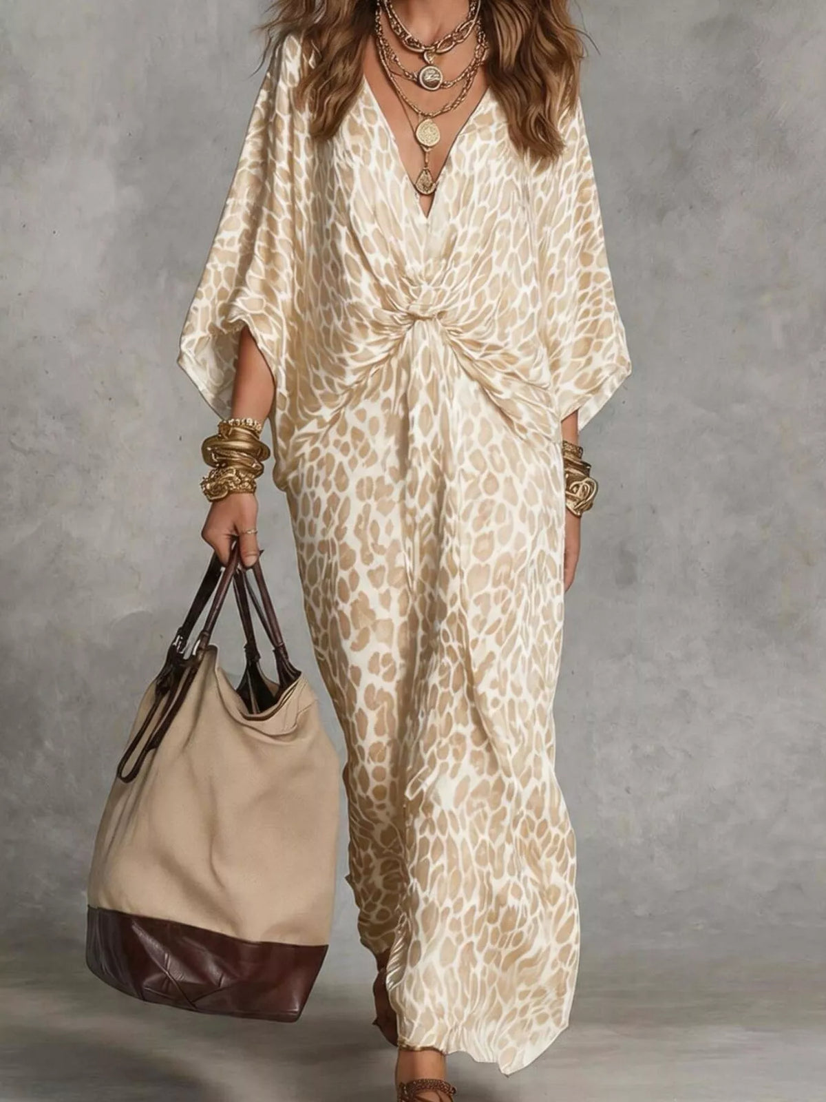 Leopard Print V-Neck Maxi Dress with Twist Detail