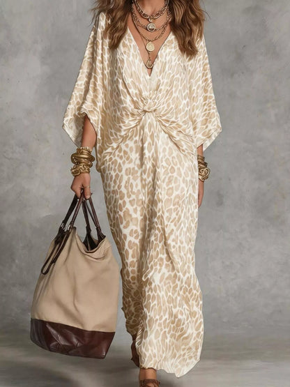 Leopard Print V-Neck Maxi Dress with Twist Detail