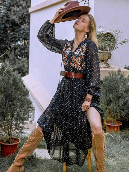Embroidered Polka Dot Tie Neck Long Sleeve Midi Dress – photo 2