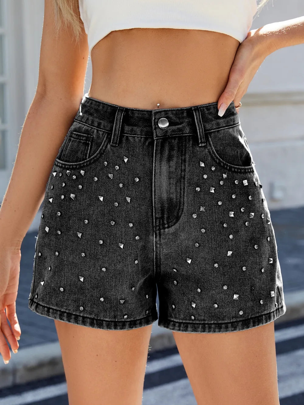 Rhinestone Washed High Waist Denim Shorts — Livostyle