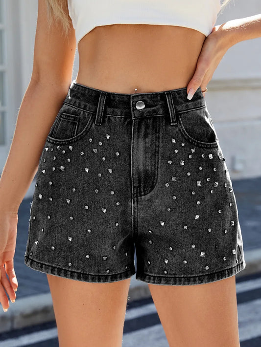 Rhinestone Washed High Waist Denim Shorts — Livostyle