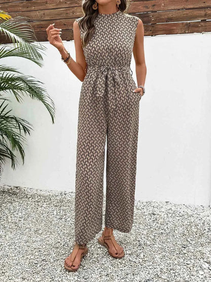 Printed Mock Neck Sleeveless Jumpsuit with Tie Waist in Camel