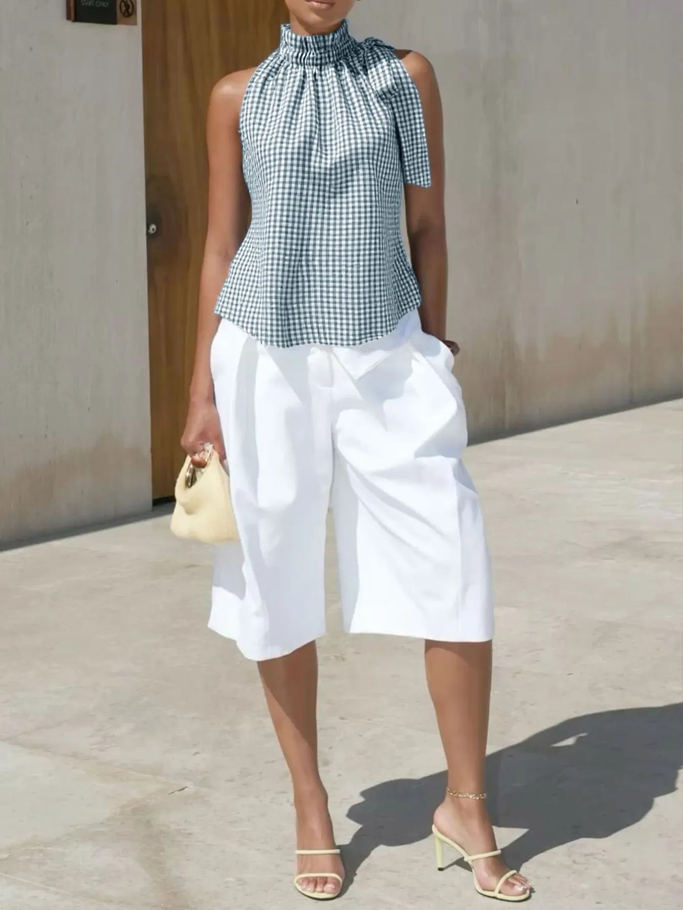Asymmetric Gingham Bow Tie Sleeveless Top styling — Livostyle
