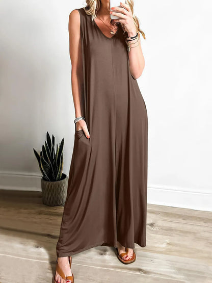 Sleeveless V-Neck Jumpsuit with Pockets in Brown