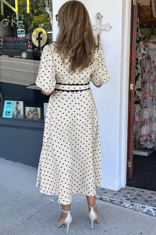 Polka Dot Half Sleeve Belted Midi Dress with Buttons