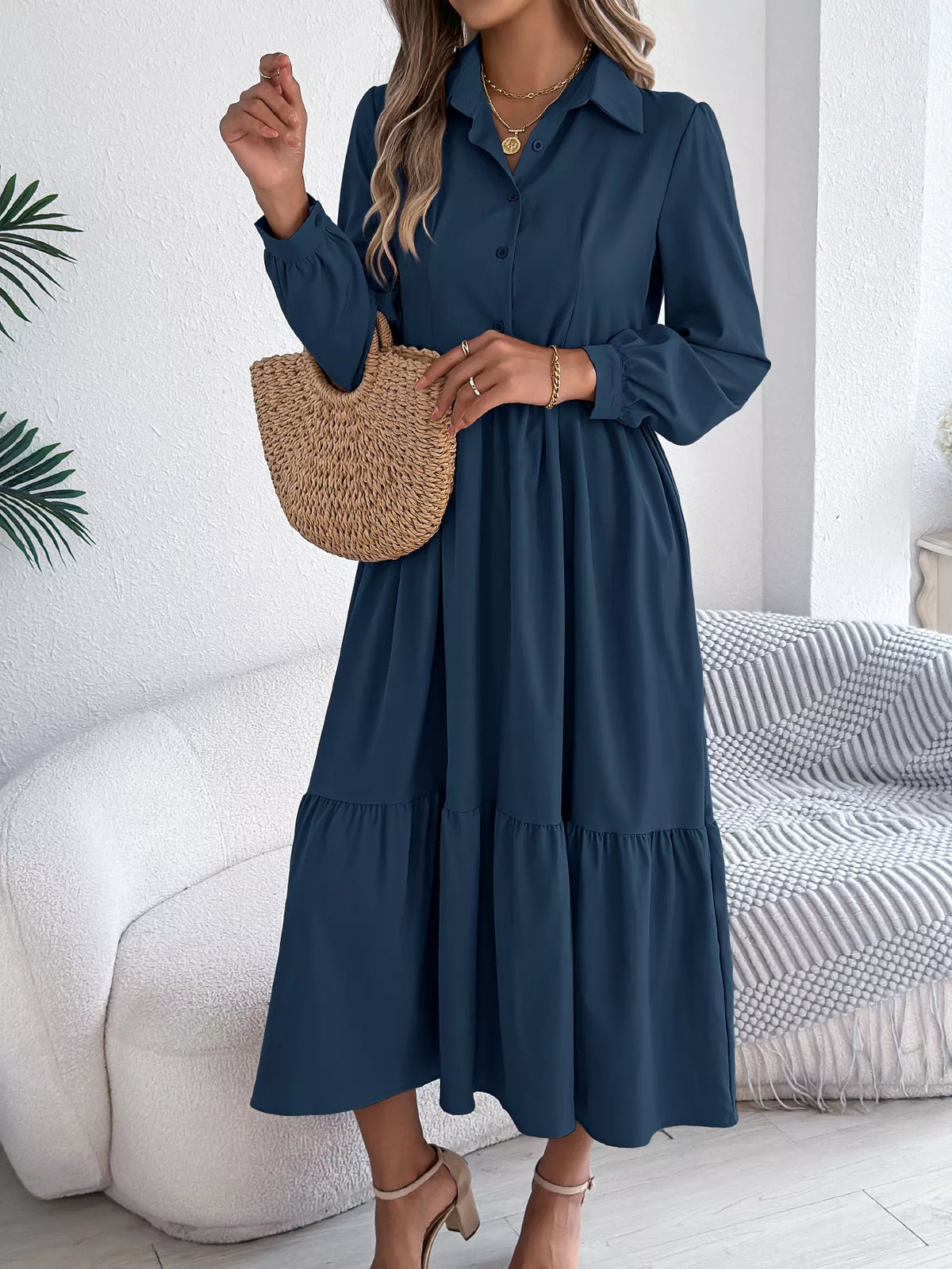Long Sleeve Tiered Button-Front Midi Dress – photo 3