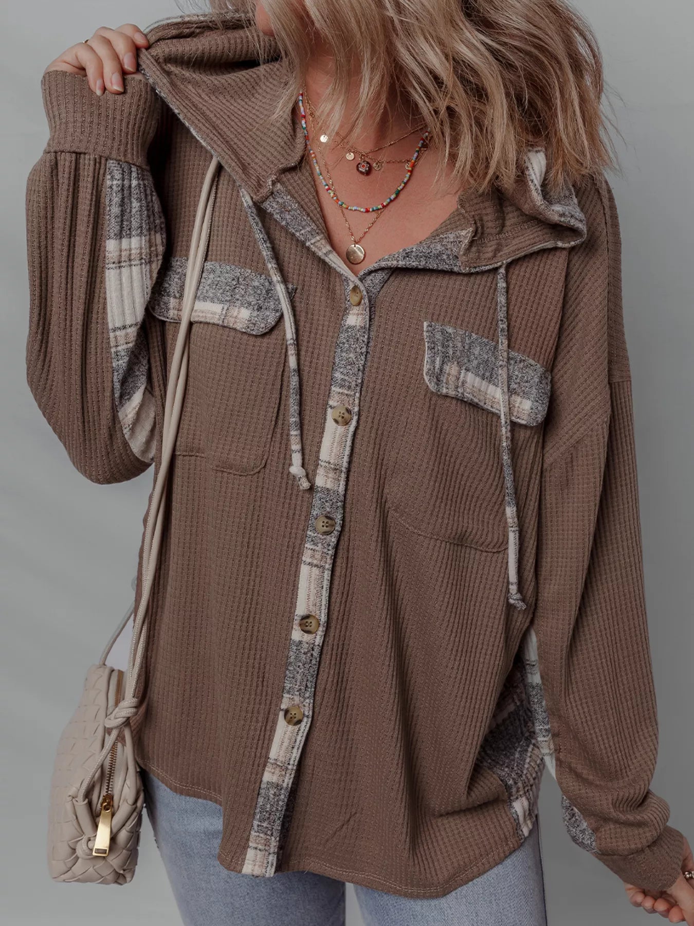 Plaid Patchwork Button Down Drawstring Hooded Shacket back view — Livostyle