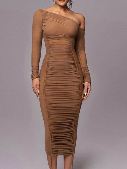 One-Shoulder Ruched Bodycon Midi Dress in Brown