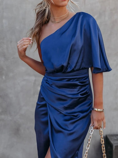 One-Shoulder Satin Wrap Dress with Side Slit – photo 20