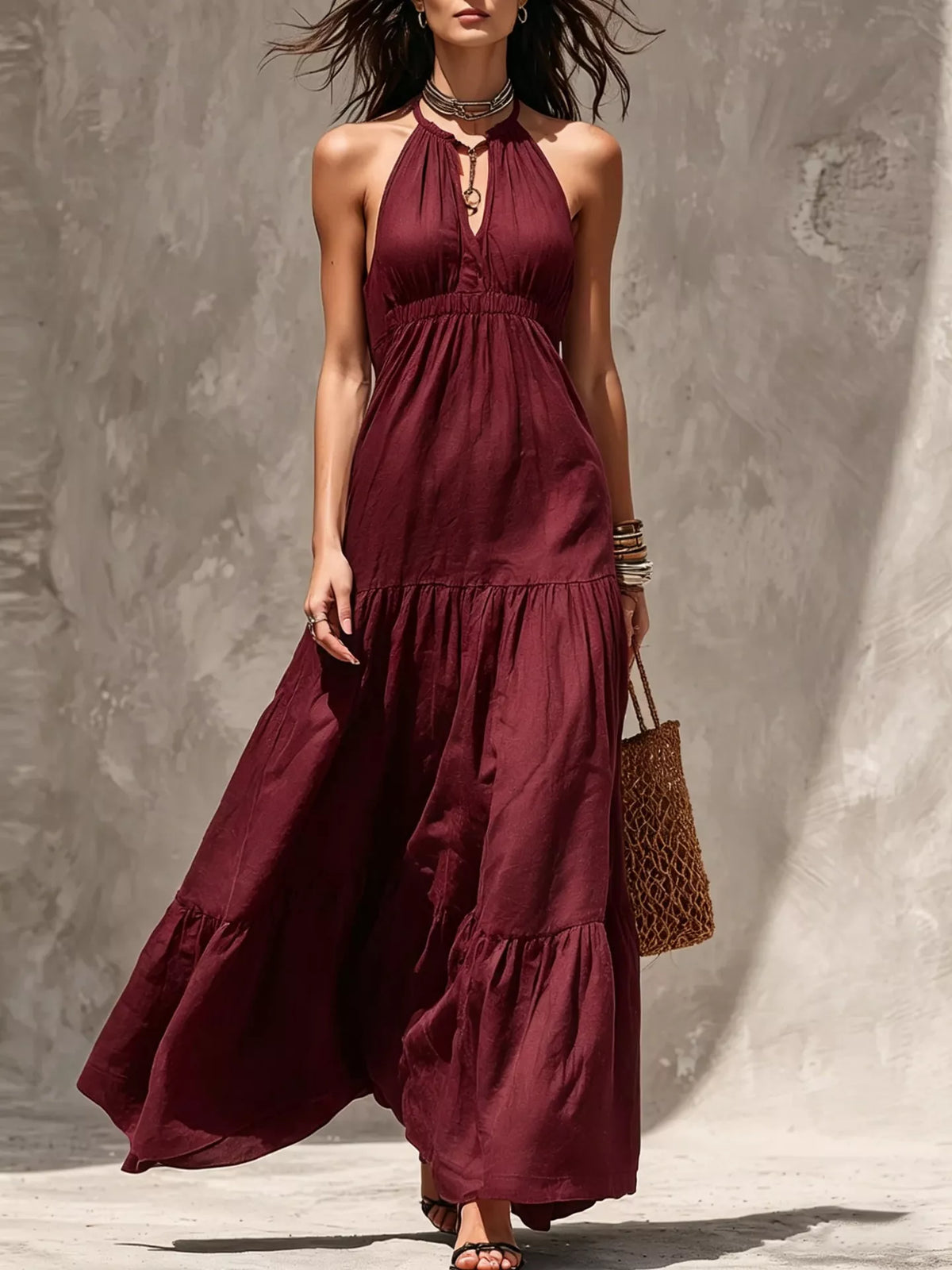 Sleeveless Tiered Smocked Maxi Dress in Burgundy